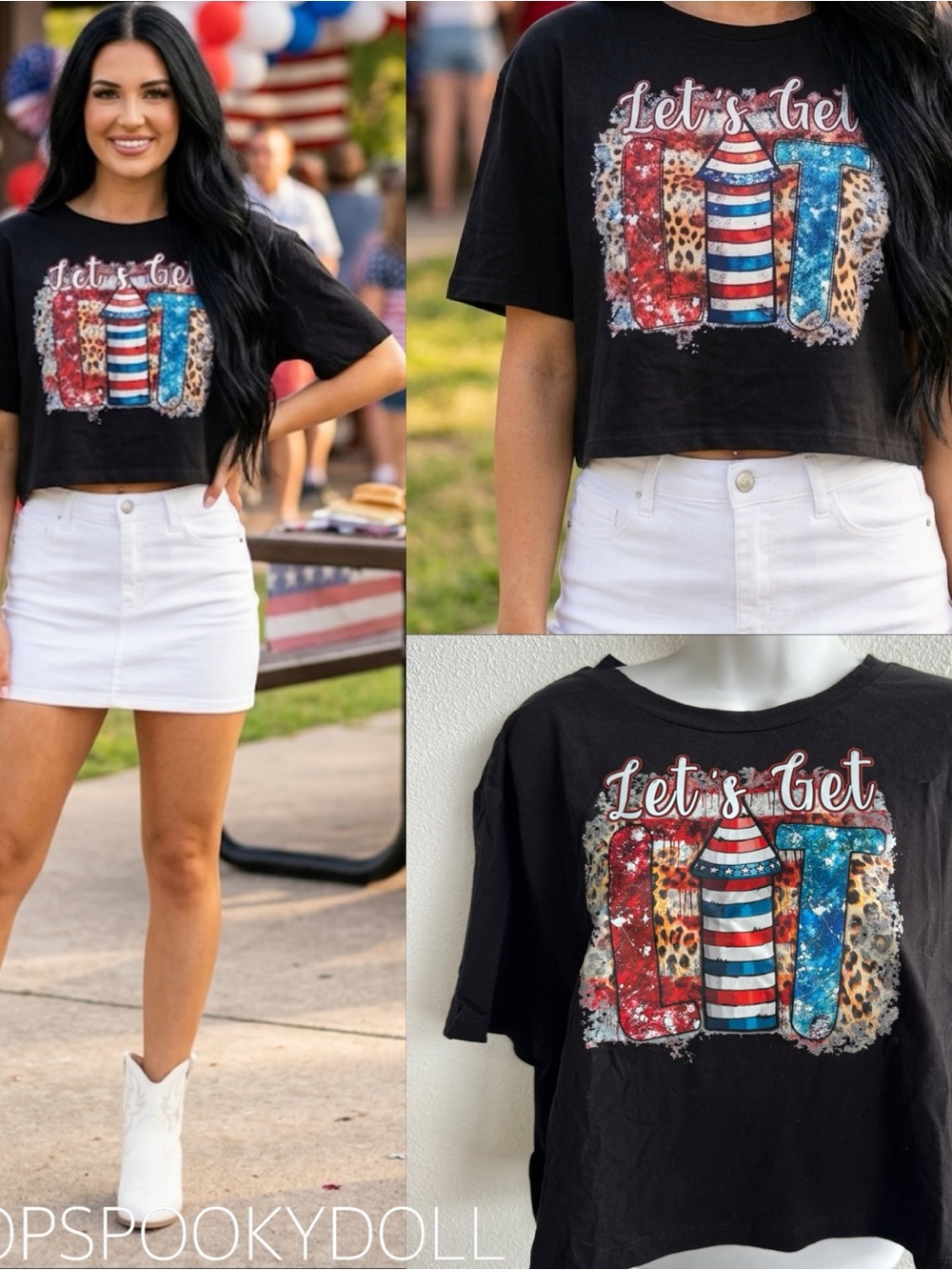 Black Cropped Tee with Patriotic 'Let's Get Lit' Graphic